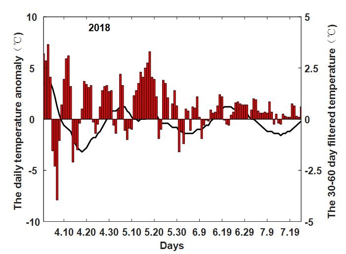 Observation of the low frequency component for the daily temperature over the lower reaches of the Yangtze River valley in 2018